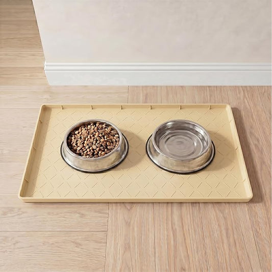 MateeyLife Silicone Mat Waterproof 12"X19", Ideal for Dog and Cat Food Mat, Dog Bowl Mats for Food and Water, Pet Placemat with Lip for Messy Drinkers to Protect Floor, Khaki