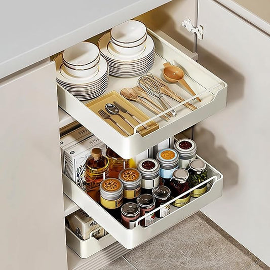 Pull-Out Cabinet Slide-Out Drawer Storage Shelf for Kitchen Cupboards Roll-Out Sliding Tray Easy No-Drill Installation Space-Saving Storage Solution