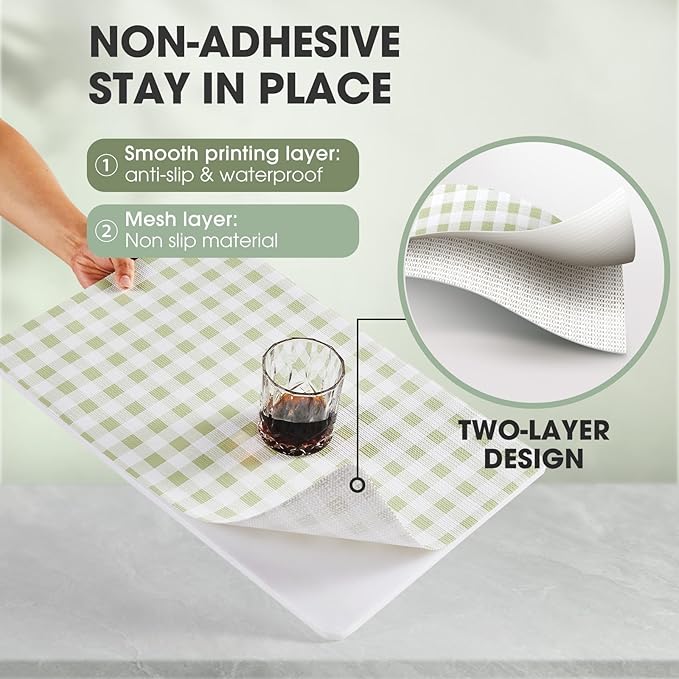 Drawer and Shelf Liner, Non-Slip Kitchen Cabinet Liners Non-Adhesive Thick Strong Grip Waterproof Washable Mats Protect Dresser Shelves Cupboard Bathroom Cabinets, Sage Green, 12 in X 20 FT