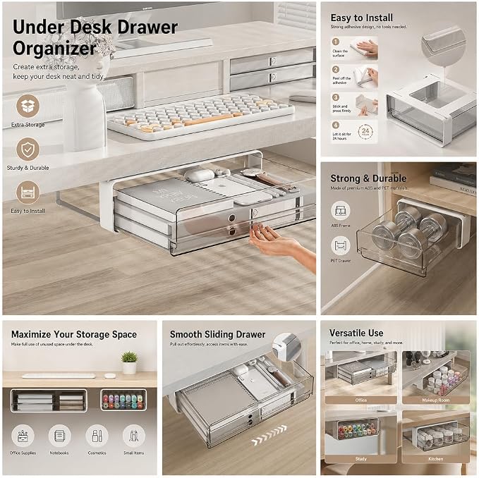 Hidden Under Desk Drawer Organizer, Space Saving Pull-Out Storage, Stick-On Invisible Drawer for Clean Desk Setup,L