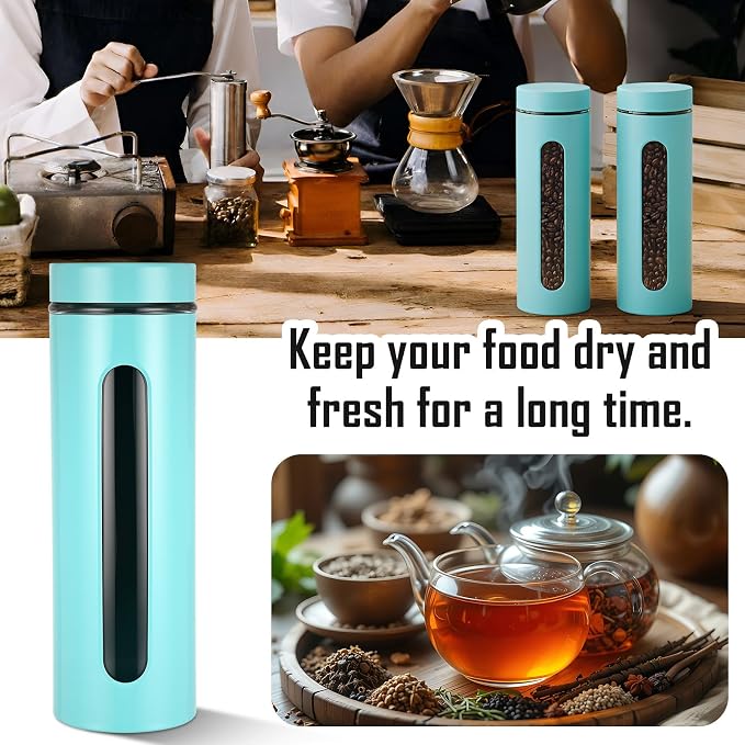 Mimorou 3 Pcs Stainless Steel Canister Set with Glass Windows Visible Storage Jars Silver Kitchen Canister Set for Pasta Flour Oat Sugar Container, Kitchen Tools, Housewarming Gifts(Turquoise,60 oz)
