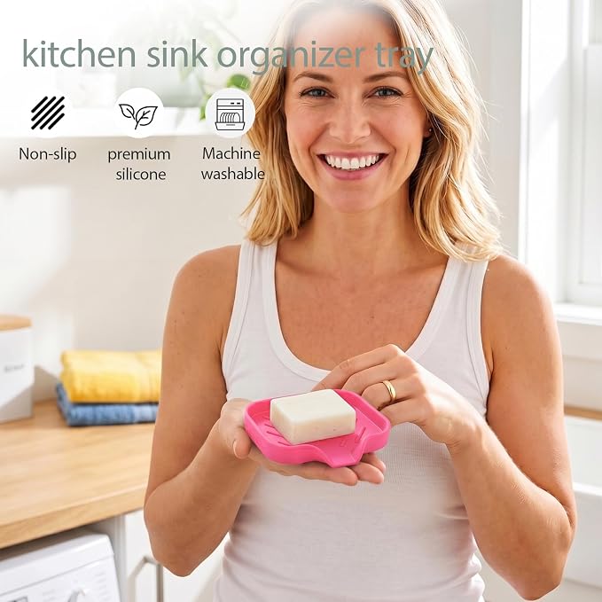 MicoYang Silicone Soap Dish with Drain Spout, Self-Draining Sink Organizer Tray for Bathroom and Kitchen, Sponges, Dispensers and Soap Holder, Non-Slip and Dishwasher Safe, Rose (Compact, 4.9"×3.2")