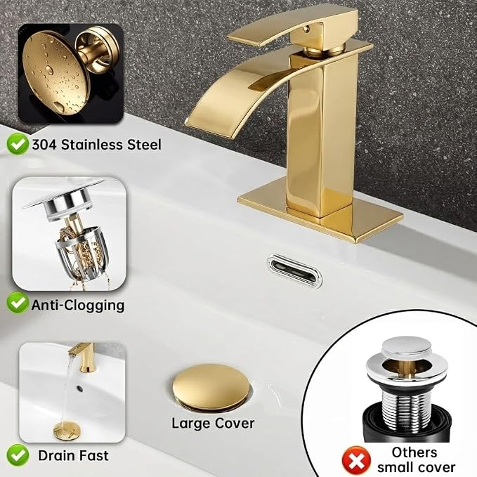Bathroom Sink Drain Kit with Flexible Expandable Pipe: Odor-Free & Backflow-Preventing, Space-Saving Design without a P-trap, For 1-1/4'' & 1-1/2'' Drain Hole (Gold, With Overflow)