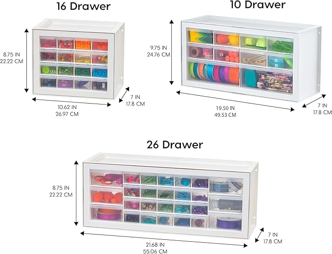 IRIS USA 16-Drawer Small Drawer Organizer, Made in USA, Stackable Teacher Toolbox for Crafts, Art Supplies, Nuts, Bolts, Building Bricks, Drink Mix & Water Flavor Packets, Make Up Storage,White