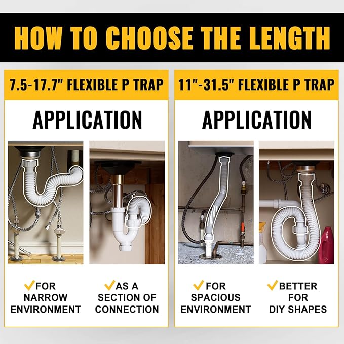 VIVIDA Flexible Sink Drain Pipe, 1-1/2" Expandable Flexible P Trap Drain Pipe, 11"-31.5" Sink P Trap for Bathroom & Kitchen, 1-1/4" Adapter Included, White, 1 PACK