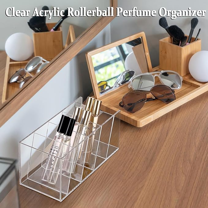 ELLDOO Rollerball Perfume Organizer, 5 Compartment Clear Acrylic Perfume Storage Holder Vintage Beauty Scent Holder, Makeup Lipgloss Lipstick Display Case