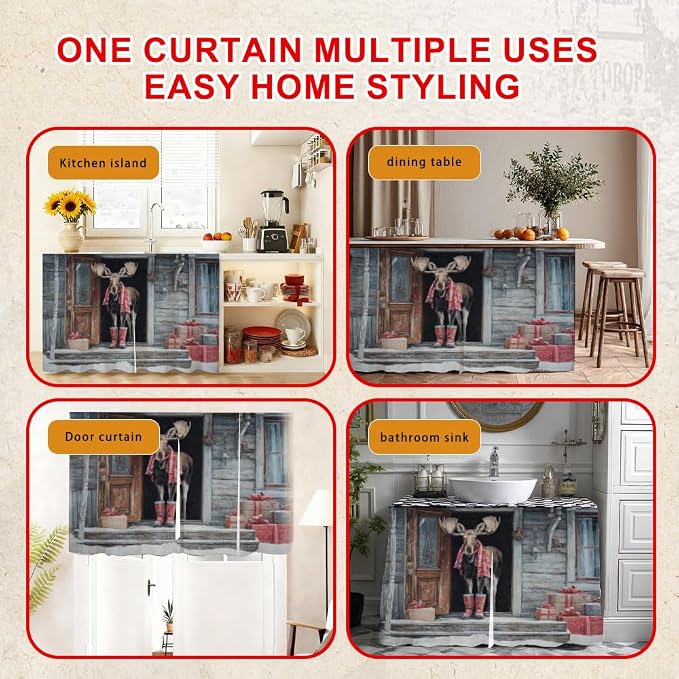 Self Adhesive Vintage Moose & Cabin Cabinet Curtain for Mother's Day, 39x28 Inch Rustic Lodge Under Sink Skirt No Drill, Spring Cleaning Kitchen Decor, Hook and Loop Laundry Valance