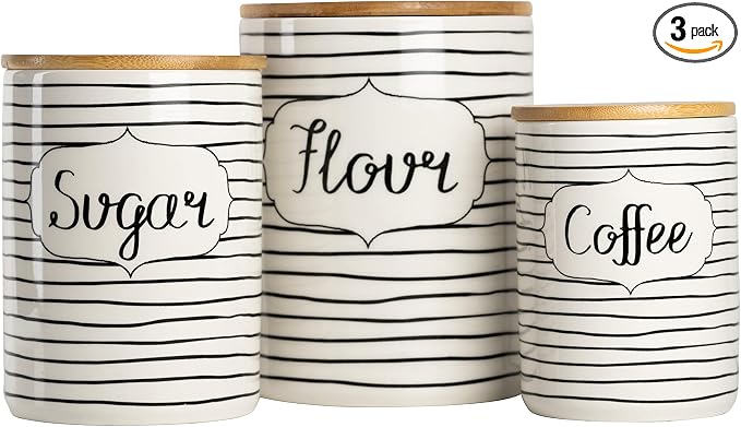 10 Strawberry Street Labeled Ceramic Kitchen Canister Set, Set of 3, Coffee Sugar Flour, White/Black, Bamboo Lids