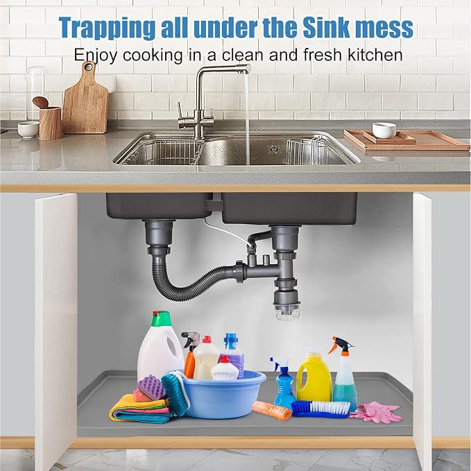 Under Sink Mat for Kitchen Waterproof, 19" x 19" Silicone Under Sink Liner Kitchen & Bathroom Cabinet Protector Mats, Heavy Duty Flexible Under Sink Drip Tray with Lip, Cool Grey