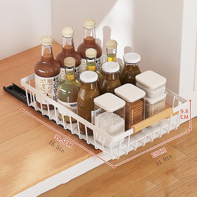 Takywep Pull Out Cabinet Organizer No Drill Adhesive Sliding Mesh Basket with Smooth Glide Under Sink Drawer for Kitchen Pantry Bathroom Storage