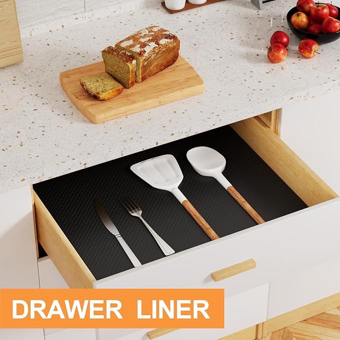 FLPMIX Cabinet Drawer Shelf Liner: Waterproof Non-Adhesive Kitchen Cabinets Liners - Easy to Cut EVA Bathroom Drawer Mat for Cupboard Pantry Shelves 12" W x 120" L Black