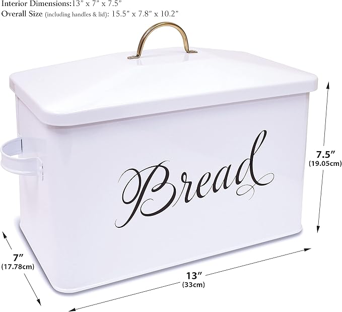 Better Kitchen Products Classic Metal Bread Box with Side Handles, Large Capacity (2 Bread Loaves), Farmhouse Bread Bin for Kitchen Countertop, Steel Bread Storage Container with Lid, White