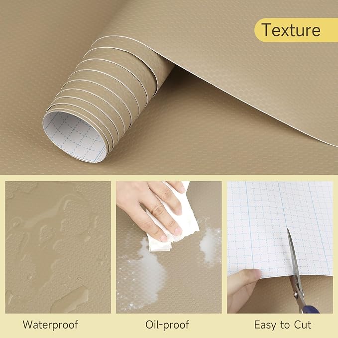 WochiTV Adhesive Shelf Liner 11.8 X 120 Inches Peel and Stick Kitchen Liner for Cabinets, Drawers Removable Protector Mat Waterproof Contact Covering for Dresser Pantry Countertops Shelves, Khaki