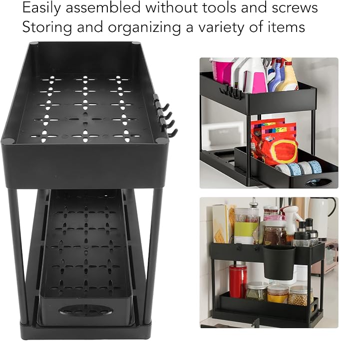 Slide Out Storage Basket Organizer Space Saving for Kitchen Bathroom (Black)