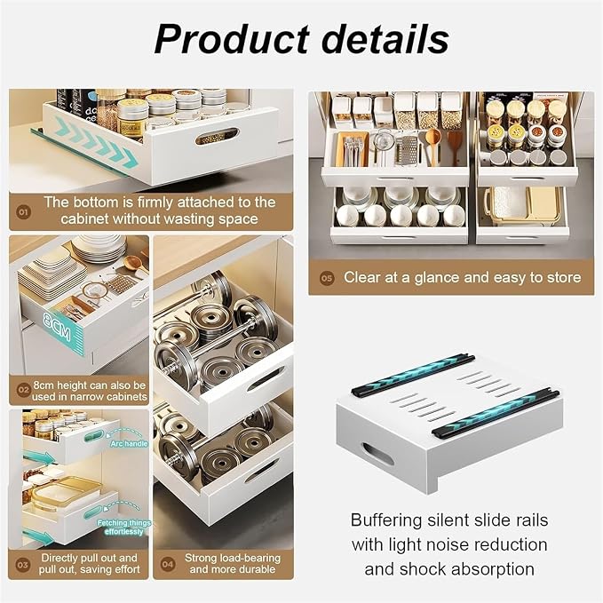 Extendable Pull Out Cabinet No Drill Sliding Drawer Space Saving Storage Solution for Kitchen Bathroom & Pantry，White 40 * 43 * 7cm