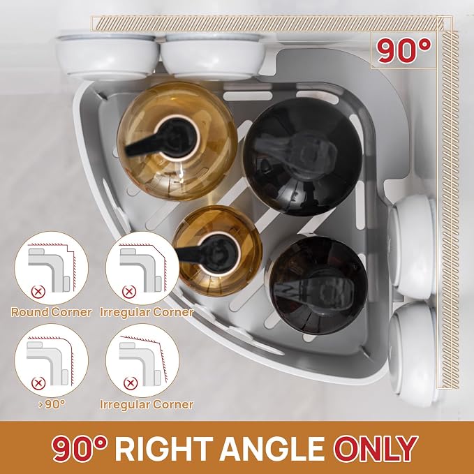 LEVERLOC Corner Shower Caddy Suction Cup, shower shelves suction cup, 2 Pack Basket Powerful Bathroom, Waterproof & Oil-proof Organizer for Kitchen, No-Drilling Removable (Grey)