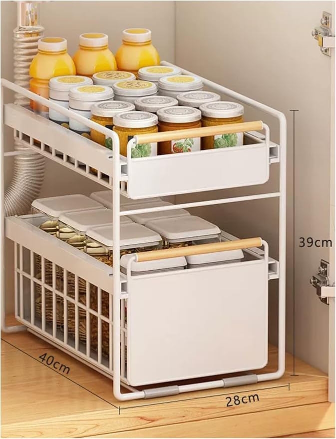 Pull Out Shelf Kitchen Storage Drawer- Slide Out Drawers for Kitchen Cabinets No Drill Shelves(Milk,40x28x39 cm)