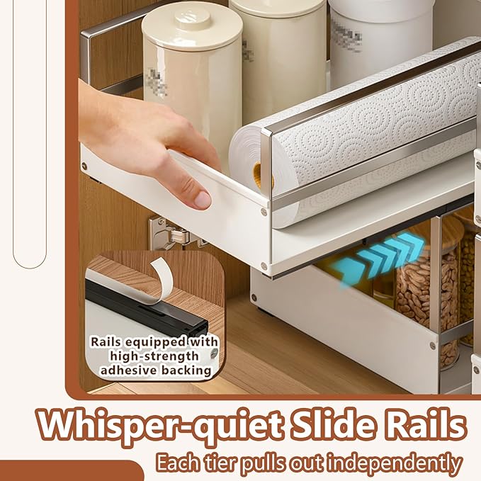 Pull Out Cabinet Organizer with Adhesive Nano Film, Heavy Duty Slide Out Pantry Shelves Drawer Storage, Under Sink Organizers for Bathroom, Kitchen (White,Stackable-11”W x 16.54”Dx 14.57”H)