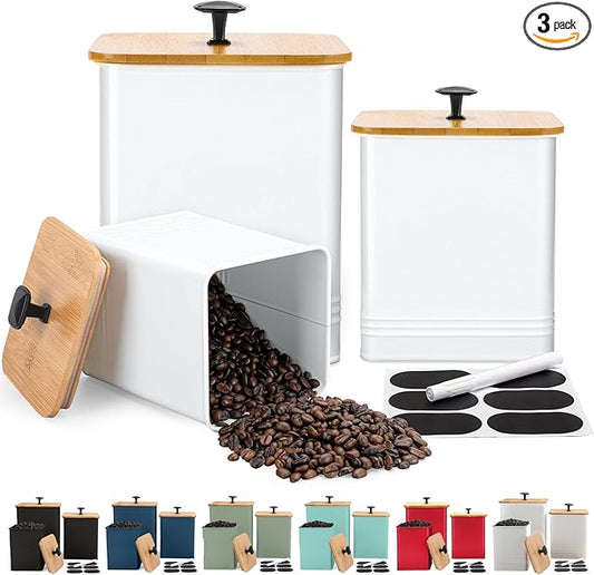 Kitchen Canisters Set of 3, Metal Flour Sugar Storage Containers with Airtight Lids-Canisters Sets for Kitchen with Customizable Chalkboard Labels & Marker Pen-Spice, Coffee Storage Jars(White)