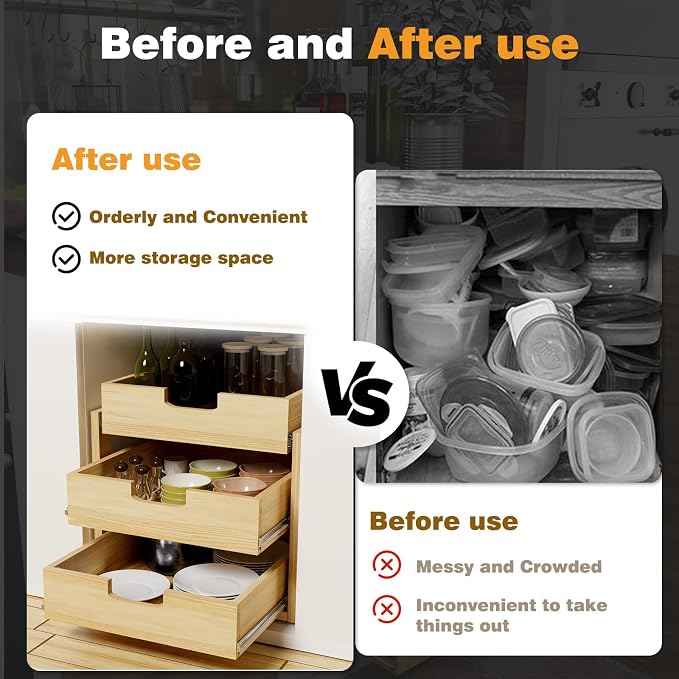 Pull Out Cabinet Organizer, 20''W×21''D Sliding Drawers for Cabinets, 3 Tier Soft Close Slide Out Wooden Pull out Drawers, Base Cabinet Organization for Kitchen, Pantry, Bathroom