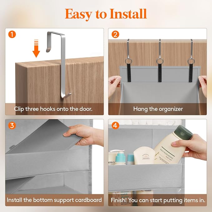 Lifewit 1 Pack Over the Door Organizer, Clear Window Hanging Storage with 4 Side Pockets, Anti Tilt 40 lbs Load Behind Door for Pantry, Nursery, Bathroom, Bedroom, Dorm, 5 Section, Gray