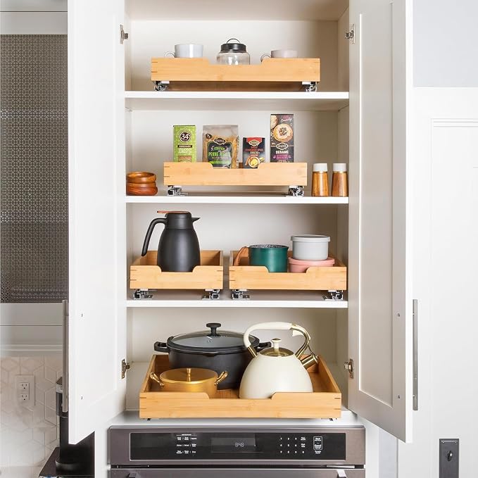 HOLDN’ STORAGE Bamboo Wooden Pull out Cabinet Organizer 14"W x 21"D Requires At Least a 15.25"W x 21"D Cabinet Opening W/Lifetime Limited Warranty, Bamboo Tray and Heavy Gauge Metal Rails
