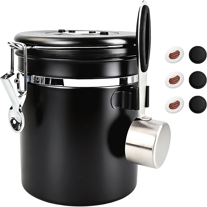 ShanSon Coffee Canister Airtight, Stainless Steel Bean Storage Container with Date Tracker & Scoop, Grounds Sugar Flour Tea Cereal Fits Kitchen Pantry, Ideal Gift for Coffee Lovers,16oz, Black