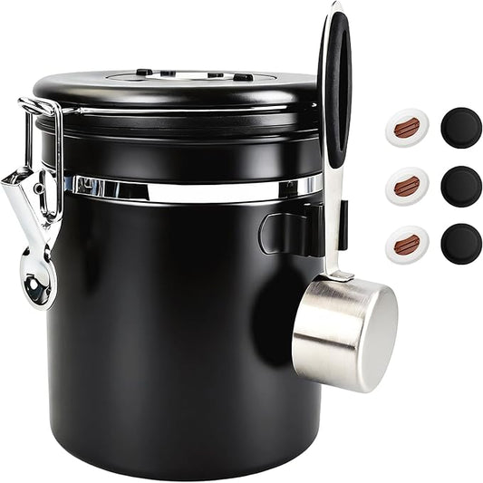 ShanSon Coffee Canister Airtight, Stainless Steel Bean Storage Container with Date Tracker & Scoop, Grounds Sugar Flour Tea Cereal Fits Kitchen Pantry, Ideal Gift for Coffee Lovers,16oz, Black