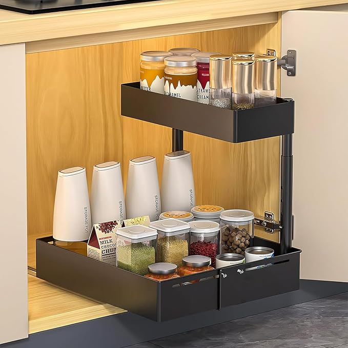 Under Sink Organiser,2 Tier Pull Out Cabinet Organiser,Height Adjustable Out Cabinet Drawer,Multi-Purpose Slide Out Storage Shelves for Home,Kitchen,Bathroom (White) (Black)