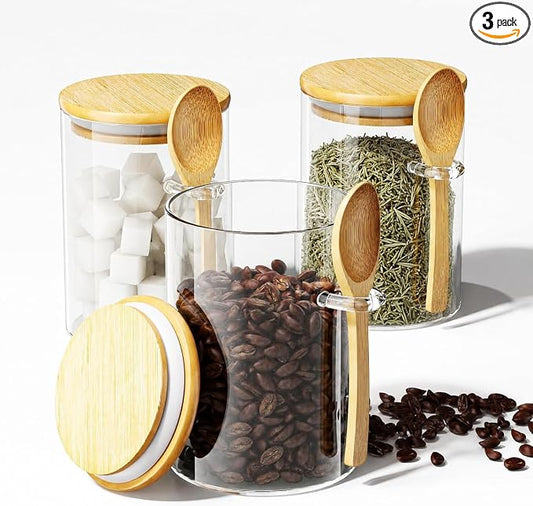 Coffee Sugar Container Salts Jars - 15oz Glass Airtight Caning with Bamboo Lids and Spoons Scoop, Storage Overnight Oats, Spice, Creamer, Food Organizer, Set of 3