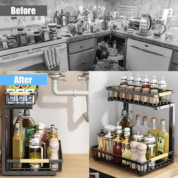 Under Sink Organizer and Storage: 2-Tier Adjustable Height Under Sink Bathroom Organizers Multi-Purpose Bathroom Cabinet Pull Out Drawers for Kitchen with Hooks (Black)