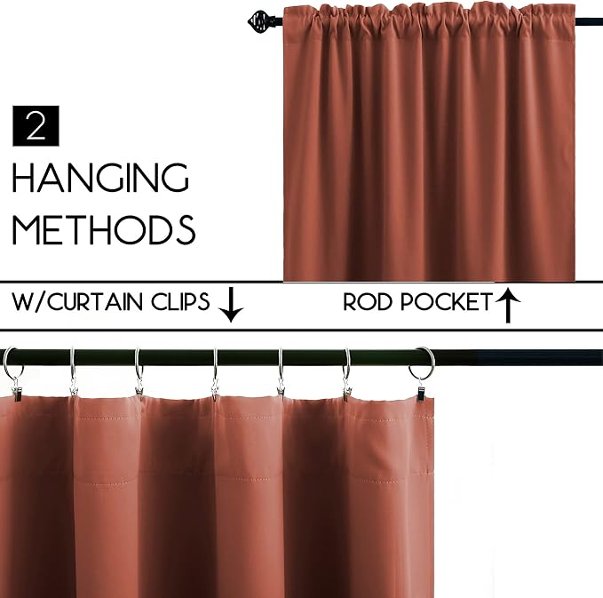 KOUFALL Terracotta Curtains for Kitchen Window,Short Blackout Boho Curtains for Bedroom 2 Panels,Rust Color,36 Inch Length
