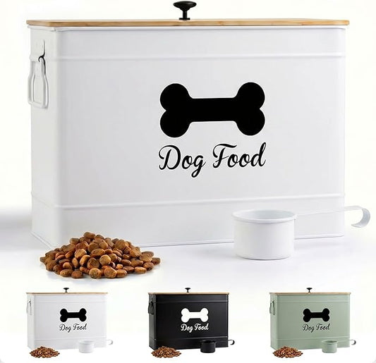 Dog Food Container Airtight 15-20 lb (70 Cup) Capacity with Metal Scoop - Cute Airtight Dog Food Storage Container with Bamboo Lid - White Metal Kibble Storage Bin for Dogs up to 100 lbs - Big Pet Jar