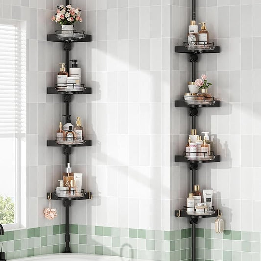 shuang qing 360° Rotating Corner Shower Caddy Tension Pole Organizer - 4-Tier Adjustable Rustproof Metal Pole, Plastic Shelves with Safety Guardrail, Bathroom Storage for Shower & Bathtub(Black)
