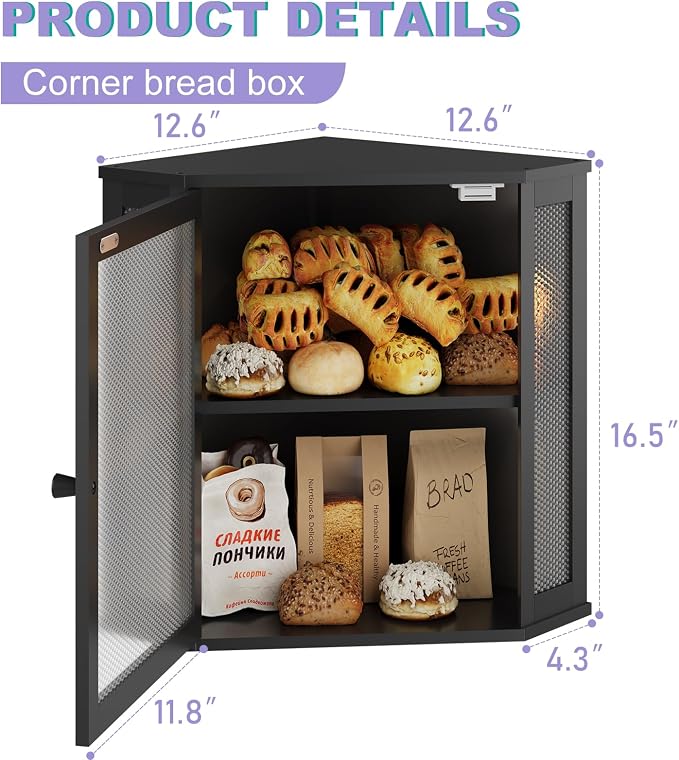 Bamboo Bread Box with Acrylic Window Display, Kitchen Countertop Storage,(Black, Medium)