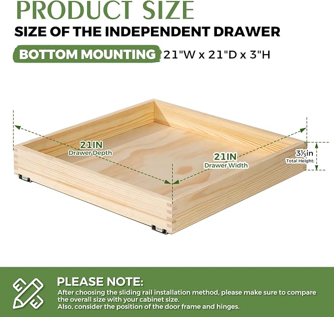 Wooden Pull Out Cabinet Organizer for Kitchen Fully Assembled 21" W x 21" D x 3" H Solid Wood Drawer with Soft Close Slides Bottom or Side Mount for Pantry Bathroom Bedroom Dining Room Storage