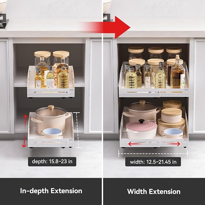 Cabinet Organizer - Zero-Drill Installation, 4-Way Expansion, Modern Design for Kitchen & Pantry Depth (15.8"-23") & Width (12.5"-21.45")