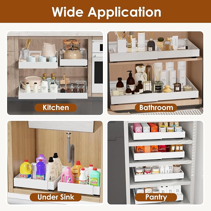 1 Pack Expandable Pull Out Cabinet Organizer 21" Deep, Adjustable Width 12.6"-20.5", No Drill Adhesive with Triple Track Rails, Heavy Duty Slide Out Drawers for Kitchen, Pantry, Cabinets,White