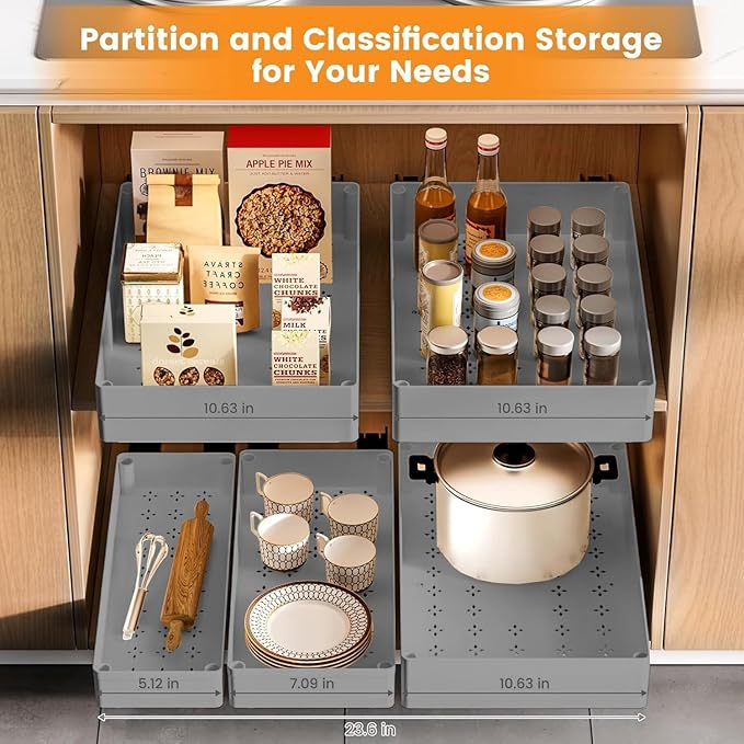 PrecisionAuto Expandable Pull-Out Drawer Organizer for Kitchen Cabinets - Heavy Duty Slide-Out Shelf, Adhesive & No Drill Install, Under Shelf Storage for Pots, Pans, Bathroom, Office - Gray, Small