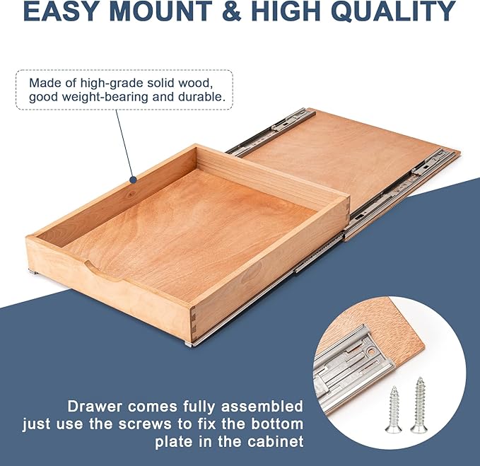 Pull Out Cabinet Drawers - 9x2 Size Options (10-29'W,18-21'D), Pre-Assembled with Soft Close Slides, Solid Beechwood, Easy Installation(10'W x 21'D)