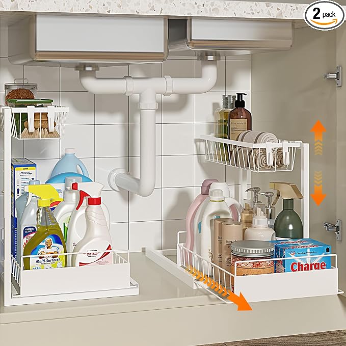 REALINN Under Sink Organizer, Height Adjustable Pull Out Cabinet Organizer, 2 Tier Under Sink Organizers and Storage for Kitchen Bathroom Laundry, White, 2 Pack