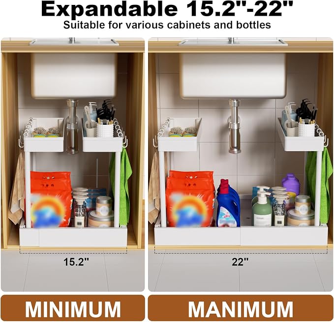 Expandable Pull Out Cabinet Organizer - Adjustable Width 12-18" & Depth 13-23", 3-Rail Heavy Duty Slide Out Drawer, No-Drills Adhesive Mount, Fits Lip & Lip-Free Cabinets (White)