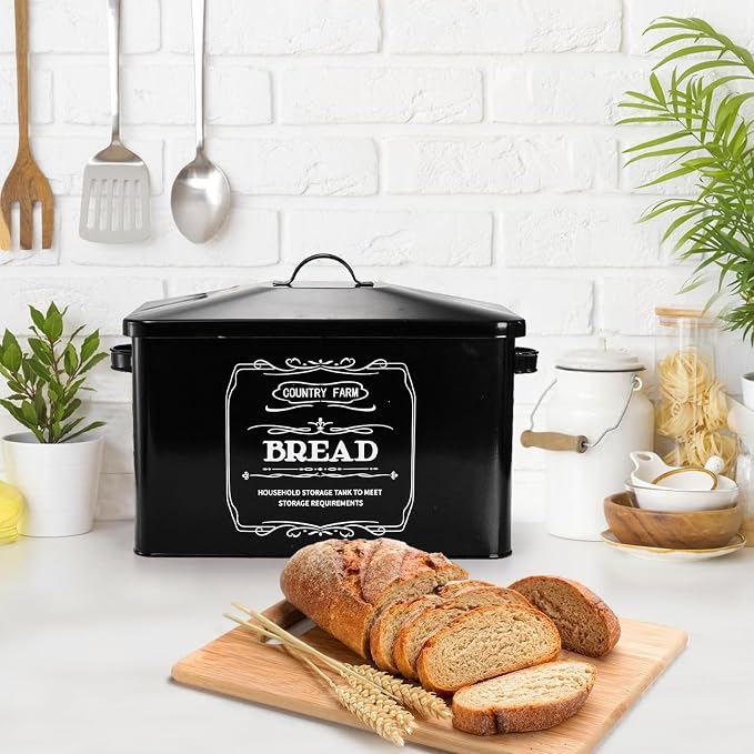 yarlung Metal Bread Box with 3 Kitchen Canisters Set, Large Black Farmhouse Bread Tin for Kitchen Countertop, Coffee Tea Sugar Canister with Airtight Lid for Pantry Organizer Home Storage