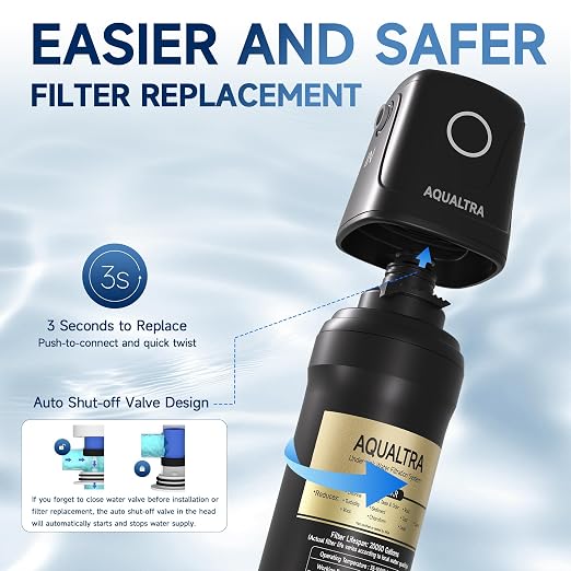 AQUALTRA USF02-BK Under Sink Water Filter System, 20K Gal, NSF/ANSI/CAN 372 Certified, Reduces PFOA, PFOS, Chlorine, Lead, Mercury, Chloramine, Fluoride, Microplastics Particles, Bad Taste & Odor