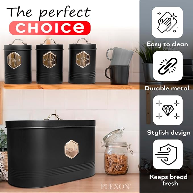 Plexon Bread Box for Kitchen Countertop with 3 Coffee, Tea, Sugar Canisters, Metal 4-Piece Bread Box Set with Lids and Cooper Labels, Black, BBCP4STBK