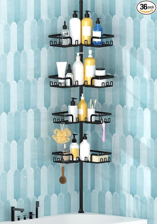 KEGII Adjustable Shower Caddy Corner Tension Pole, Rustproof Shower Rod Organizer with Hooks, Floor to Ceiling Tension Rod 25-114.2 Inch, Bathtub Storage Organizer for Shampoo, 4-Tier Black