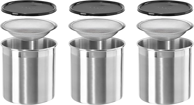 Oggi Stainless Steel Jumbo Grease Container with Removable Strainer and Snug Lid. Perfect container for fryer oil, bacon drippings, lard and ghee oil. Large capacity can - 1 Gall / (Pack of 3)