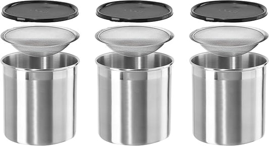 Oggi Stainless Steel Jumbo Grease Container with Removable Strainer and Snug Lid. Perfect container for fryer oil, bacon drippings, lard and ghee oil. Large capacity can - 1 Gall / (Pack of 3)