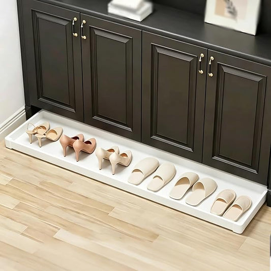 No-Drill Pull Out Drawer Shoe Rack Organizer,Damped Slide Rails Adjustable Width16-34 Inch, Push to Open Toe-Kick Shoe Rack for Cabinet Bottom(White,26 * 12.2in)