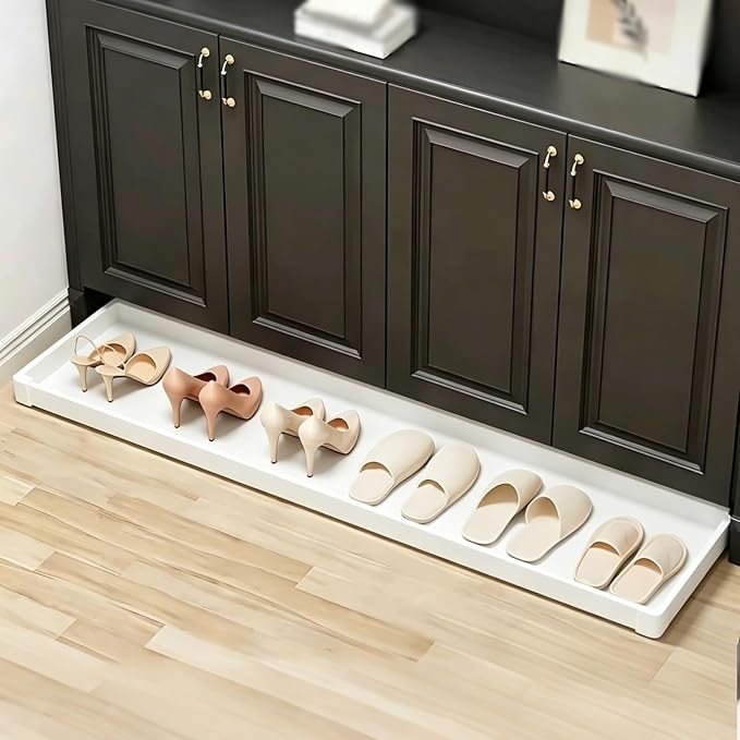No-Drill Pull Out Drawer Shoe Rack Organizer,Damped Slide Rails Adjustable Width16-34 Inch, Push to Open Toe-Kick Shoe Rack for Cabinet Bottom(White,22 * 12.2in)